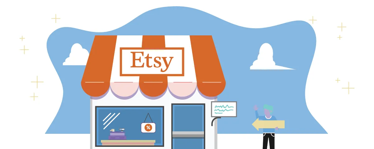 Illustrated Etsy storefront with orange awning