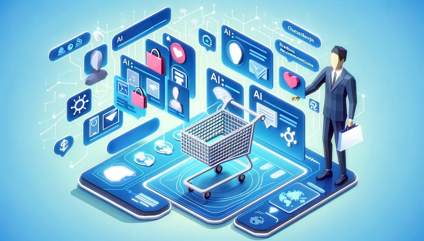 Isometric illustration of AI-powered ecommerce marketplace automation