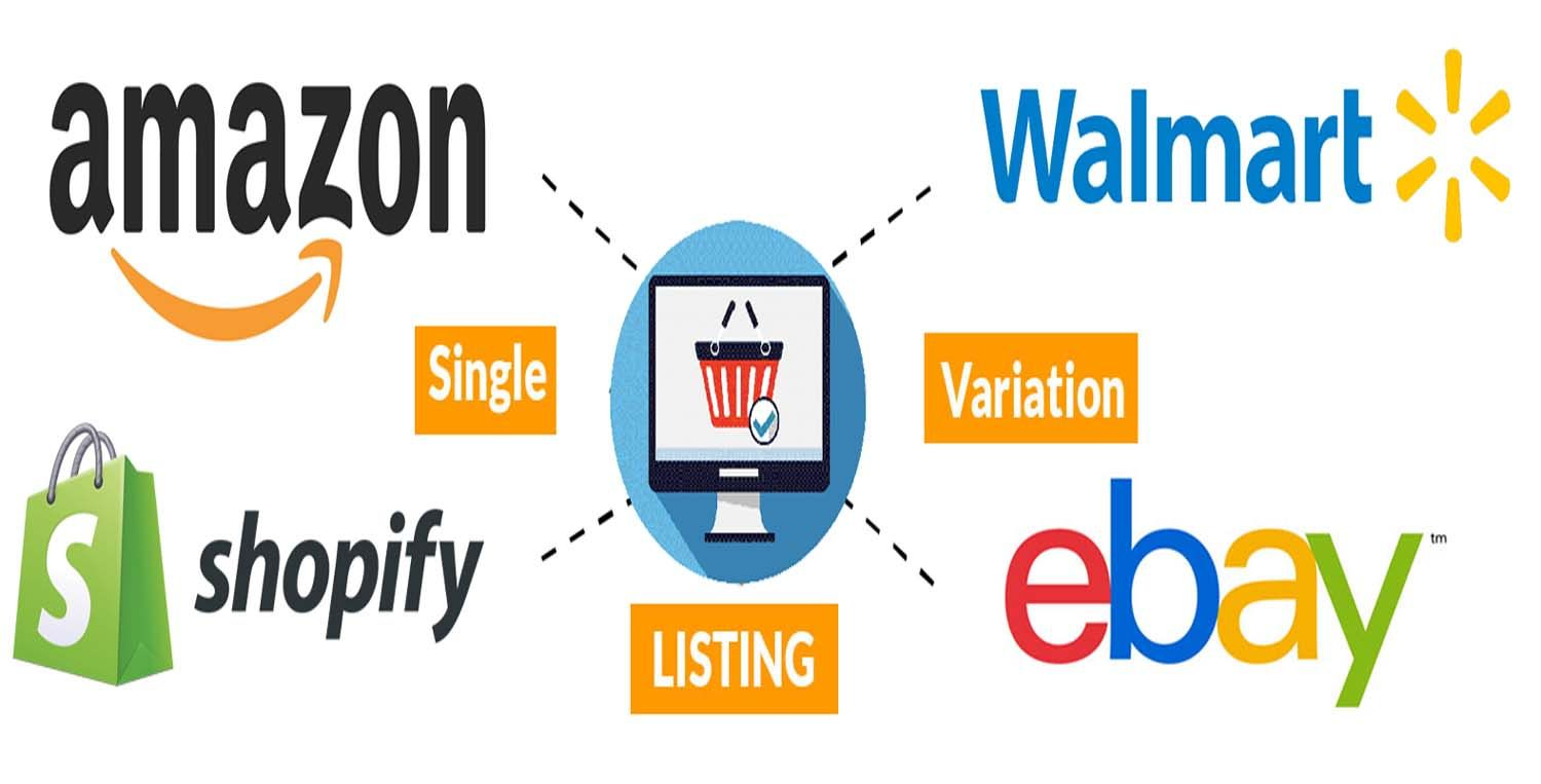 Amazon, Walmart, Shopify and eBay logos around a listing icon