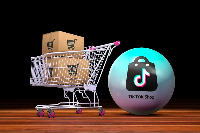 Shopping cart beside a TikTok Shop sphere icon